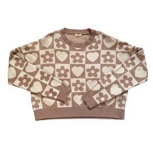 Debut Floral Heart Checkered Cropped Sweater - Pink and Cream Women's Size M